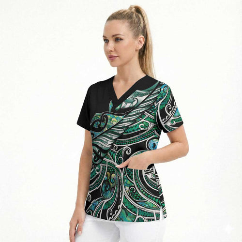 Maori Matariki - Manaia Scrub Top Emerald Paua Shell