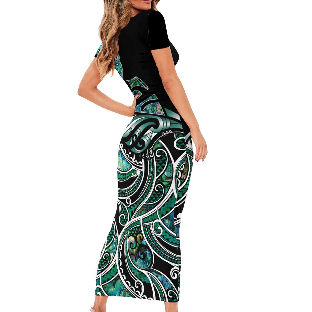 Maori Matariki - Manaia Short Sleeve Bodycon Dress Emerald Paua Shell