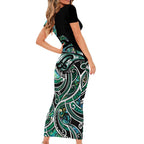 Maori Matariki - Manaia Short Sleeve Bodycon Dress Emerald Paua Shell