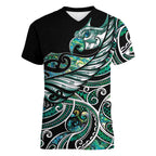 Maori Matariki - Manaia Women V-Neck T-Shirt Emerald Paua Shell