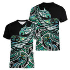 Maori Matariki - Manaia Women V-Neck T-Shirt Emerald Paua Shell