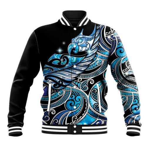 Maori Matariki - Manaia Baseball Jacket Galaxy Blue Paua Shell