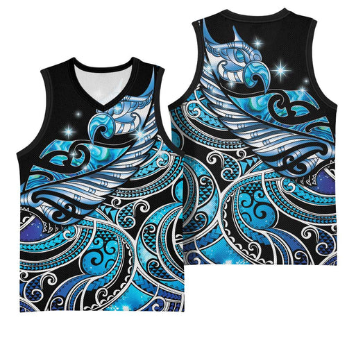 Maori Matariki - Manaia Basketball Jersey Galaxy Blue Paua Shell