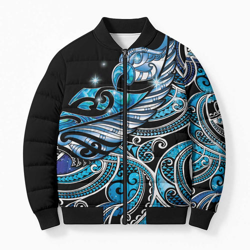 Maori Matariki - Manaia Bomber Puffer Jacket Galaxy Blue Paua Shell