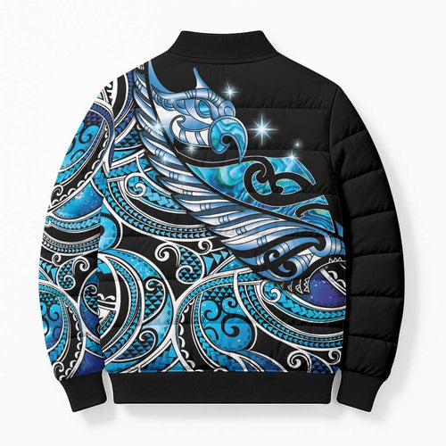 Maori Matariki - Manaia Bomber Puffer Jacket Galaxy Blue Paua Shell
