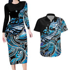 Maori Matariki - Manaia Couples Matching Long Sleeve Bodycon Dress and Hawaiian Shirt Galaxy Blue Paua Shell