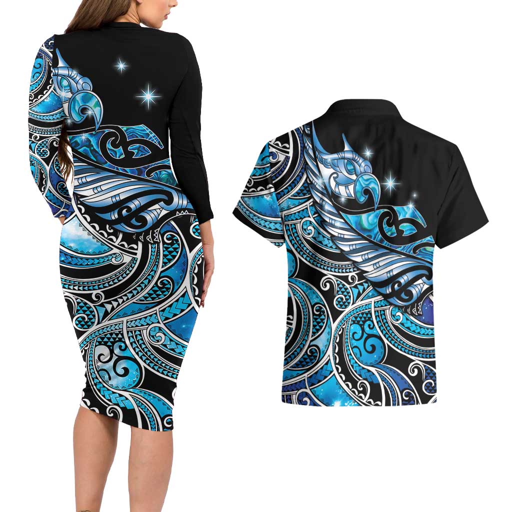Maori Matariki - Manaia Couples Matching Long Sleeve Bodycon Dress and Hawaiian Shirt Galaxy Blue Paua Shell