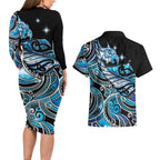 Maori Matariki - Manaia Couples Matching Long Sleeve Bodycon Dress and Hawaiian Shirt Galaxy Blue Paua Shell