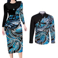 Maori Matariki - Manaia Couples Matching Long Sleeve Bodycon Dress and Long Sleeve Button Shirt Galaxy Blue Paua Shell