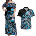Maori Matariki - Manaia Couples Matching Off Shoulder Maxi Dress and Hawaiian Shirt Galaxy Blue Paua Shell