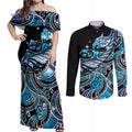 Maori Matariki - Manaia Couples Matching Off Shoulder Maxi Dress and Long Sleeve Button Shirt Galaxy Blue Paua Shell