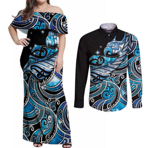 Maori Matariki - Manaia Couples Matching Off Shoulder Maxi Dress and Long Sleeve Button Shirt Galaxy Blue Paua Shell