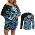 Maori Matariki - Manaia Couples Matching Off Shoulder Short Dress and Long Sleeve Button Shirt Galaxy Blue Paua Shell