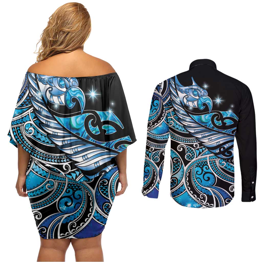 Maori Matariki - Manaia Couples Matching Off Shoulder Short Dress and Long Sleeve Button Shirt Galaxy Blue Paua Shell