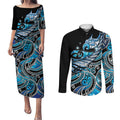 Maori Matariki - Manaia Couples Matching Puletasi and Long Sleeve Button Shirt Galaxy Blue Paua Shell