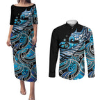 Maori Matariki - Manaia Couples Matching Puletasi and Long Sleeve Button Shirt Galaxy Blue Paua Shell