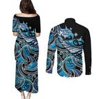 Maori Matariki - Manaia Couples Matching Puletasi and Long Sleeve Button Shirt Galaxy Blue Paua Shell