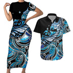 Maori Matariki - Manaia Couples Matching Short Sleeve Bodycon Dress and Hawaiian Shirt Galaxy Blue Paua Shell