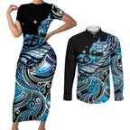 Maori Matariki - Manaia Couples Matching Short Sleeve Bodycon Dress and Long Sleeve Button Shirt Galaxy Blue Paua Shell