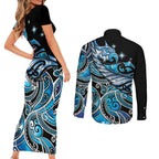 Maori Matariki - Manaia Couples Matching Short Sleeve Bodycon Dress and Long Sleeve Button Shirt Galaxy Blue Paua Shell
