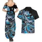 Maori Matariki - Manaia Couples Matching Summer Maxi Dress and Hawaiian Shirt Galaxy Blue Paua Shell