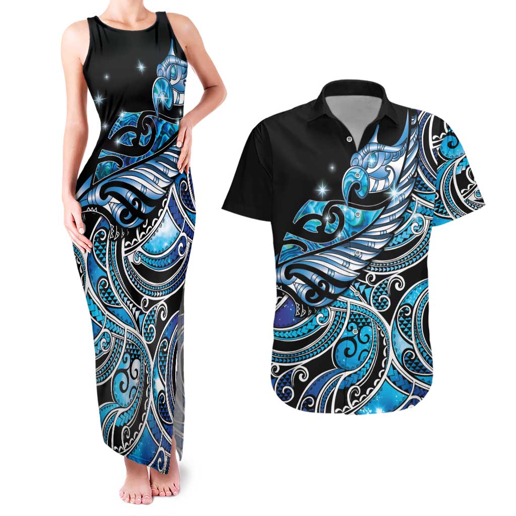 Maori Matariki - Manaia Couples Matching Tank Maxi Dress and Hawaiian Shirt Galaxy Blue Paua Shell