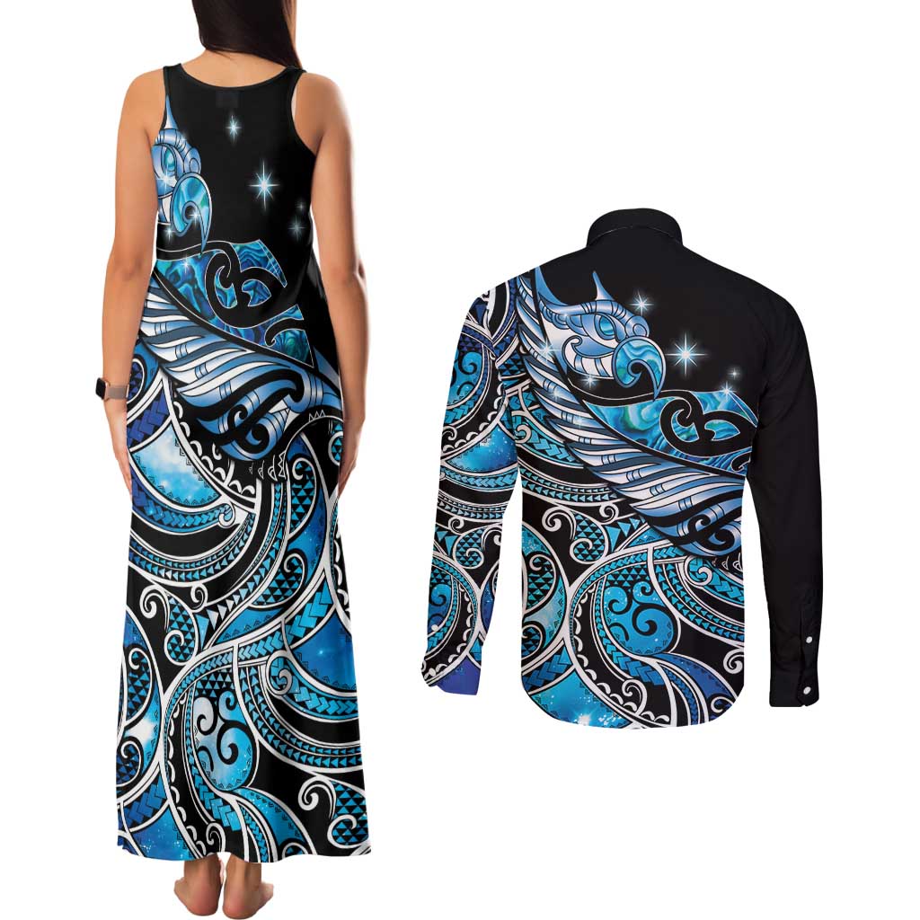 Maori Matariki - Manaia Couples Matching Tank Maxi Dress and Long Sleeve Button Shirt Galaxy Blue Paua Shell