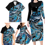 Maori Matariki - Manaia Family Matching Long Sleeve Bodycon Dress and Hawaiian Shirt Galaxy Blue Paua Shell