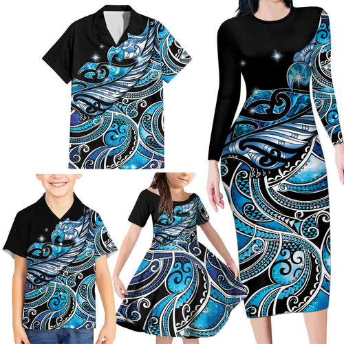Maori Matariki - Manaia Family Matching Long Sleeve Bodycon Dress and Hawaiian Shirt Galaxy Blue Paua Shell