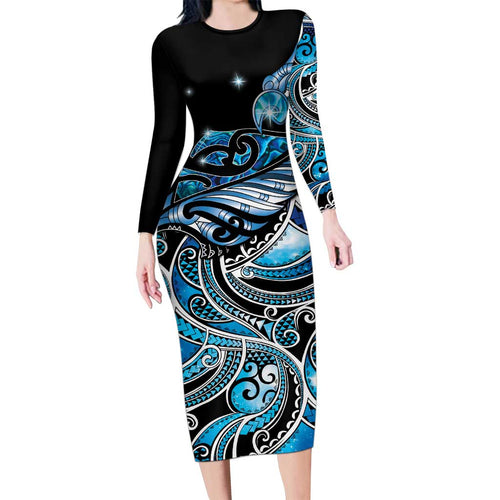 Maori Matariki - Manaia Family Matching Long Sleeve Bodycon Dress and Hawaiian Shirt Galaxy Blue Paua Shell
