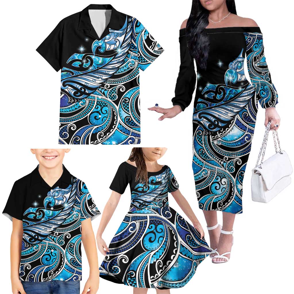 Maori Matariki - Manaia Family Matching Off The Shoulder Long Sleeve Dress and Hawaiian Shirt Galaxy Blue Paua Shell