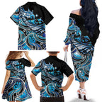 Maori Matariki - Manaia Family Matching Off The Shoulder Long Sleeve Dress and Hawaiian Shirt Galaxy Blue Paua Shell