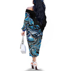 Maori Matariki - Manaia Family Matching Off The Shoulder Long Sleeve Dress and Hawaiian Shirt Galaxy Blue Paua Shell