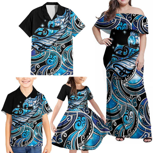 Maori Matariki - Manaia Family Matching Off Shoulder Maxi Dress and Hawaiian Shirt Galaxy Blue Paua Shell