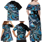 Maori Matariki - Manaia Family Matching Off Shoulder Maxi Dress and Hawaiian Shirt Galaxy Blue Paua Shell