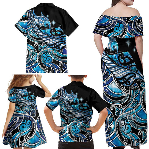 Maori Matariki - Manaia Family Matching Off Shoulder Maxi Dress and Hawaiian Shirt Galaxy Blue Paua Shell