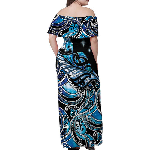 Maori Matariki - Manaia Family Matching Off Shoulder Maxi Dress and Hawaiian Shirt Galaxy Blue Paua Shell