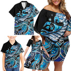 Maori Matariki - Manaia Family Matching Off Shoulder Short Dress and Hawaiian Shirt Galaxy Blue Paua Shell