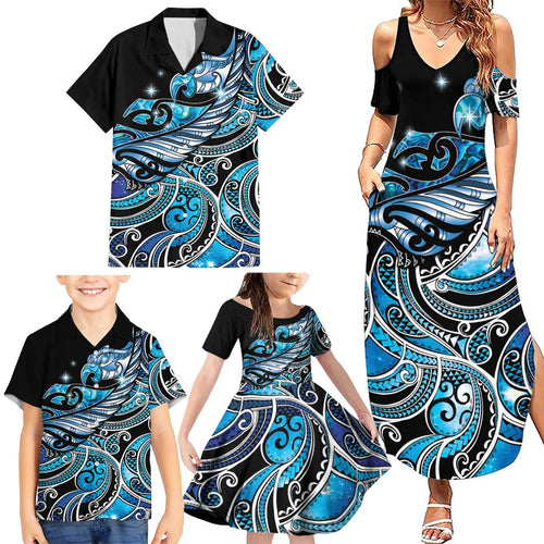 Maori Matariki - Manaia Family Matching Summer Maxi Dress and Hawaiian Shirt Galaxy Blue Paua Shell