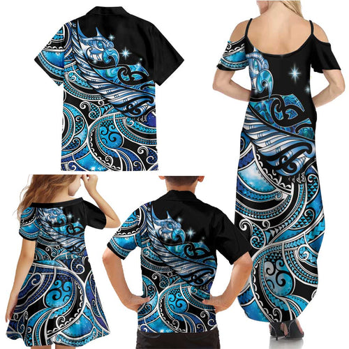 Maori Matariki - Manaia Family Matching Summer Maxi Dress and Hawaiian Shirt Galaxy Blue Paua Shell