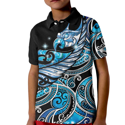 Maori Matariki - Manaia Kid Polo Shirt Galaxy Blue Paua Shell