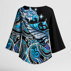 Maori Matariki - Manaia Kimono Sleeve Blouse Galaxy Blue Paua Shell