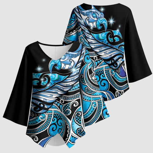Maori Matariki - Manaia Kimono Sleeve Blouse Galaxy Blue Paua Shell