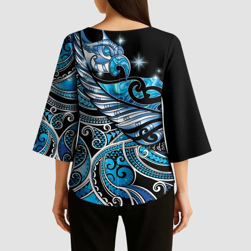 Maori Matariki - Manaia Kimono Sleeve Blouse Galaxy Blue Paua Shell