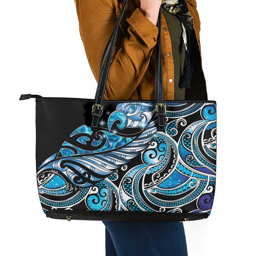 Maori Matariki - Manaia Leather Tote Bag Galaxy Blue Paua Shell