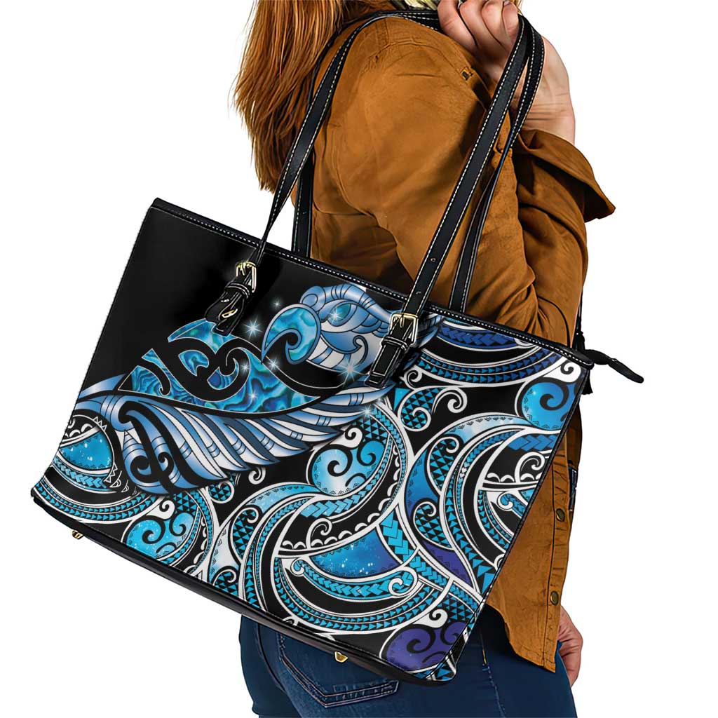 Maori Matariki - Manaia Leather Tote Bag Galaxy Blue Paua Shell