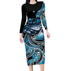 Maori Matariki - Manaia Long Sleeve Bodycon Dress Galaxy Blue Paua Shell