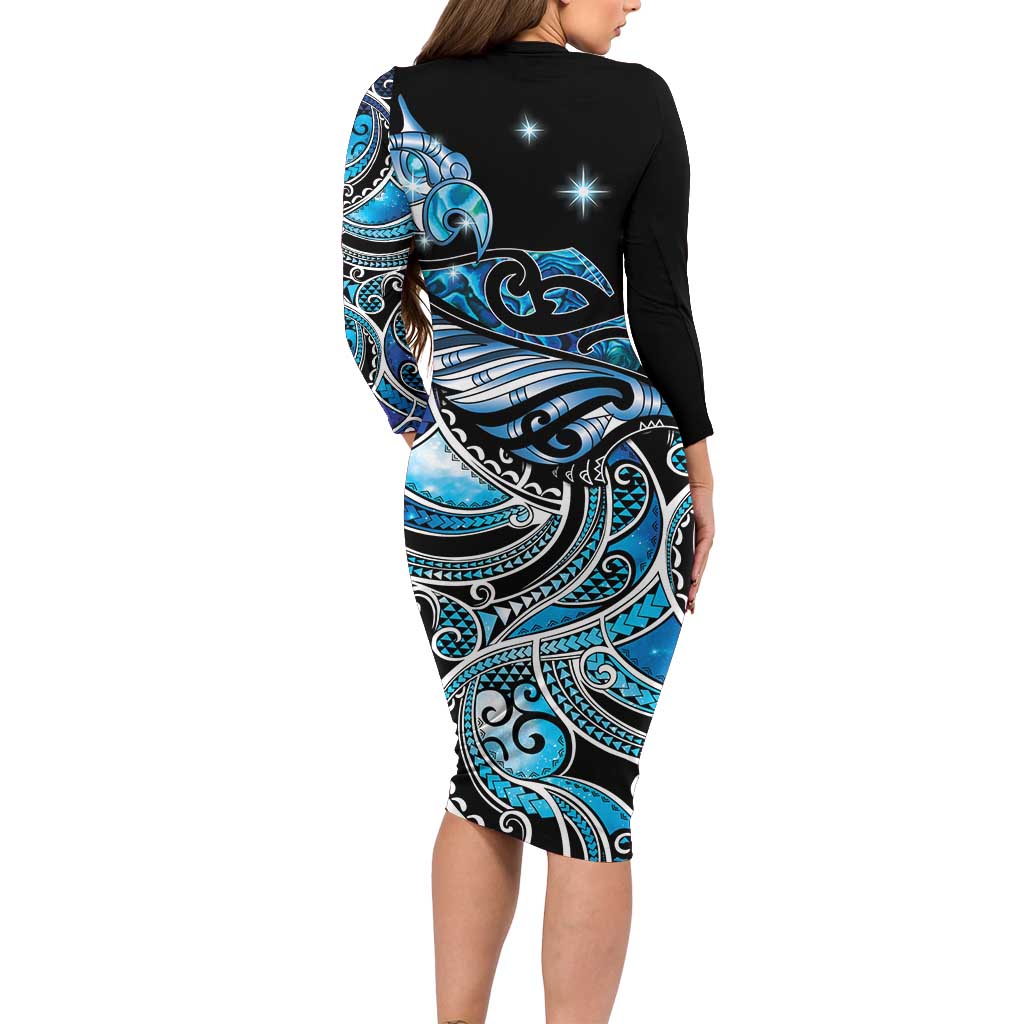 Maori Matariki - Manaia Long Sleeve Bodycon Dress Galaxy Blue Paua Shell