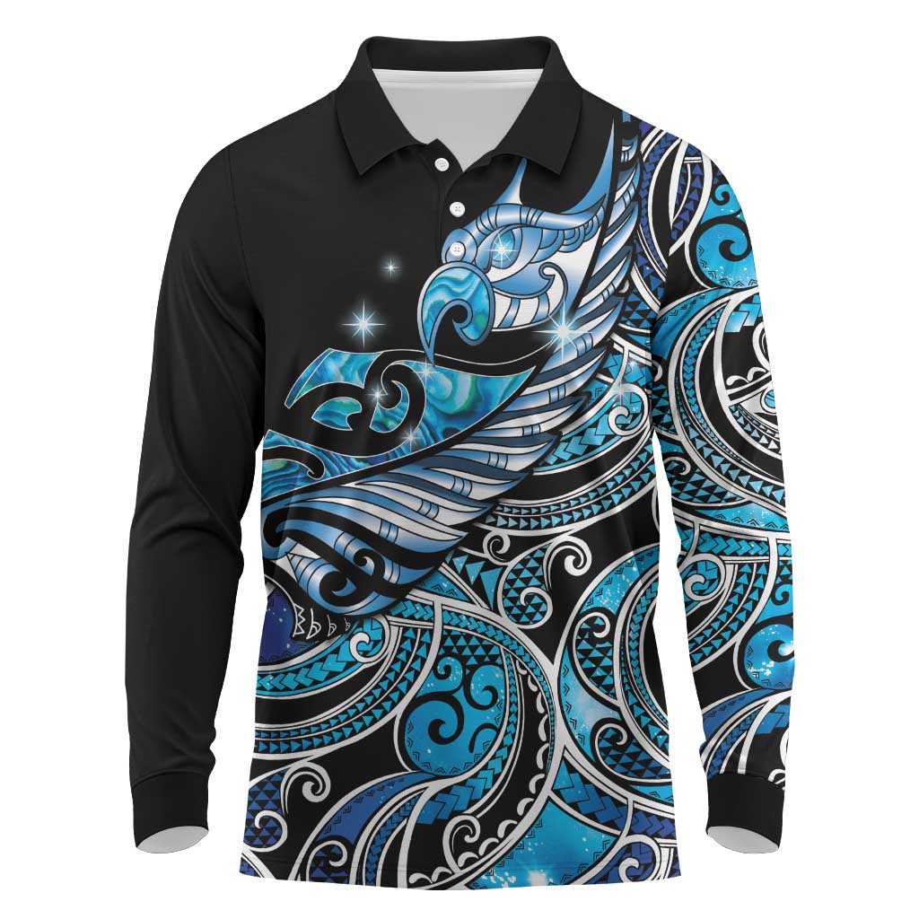 Maori Matariki - Manaia Long Sleeve Polo Shirt Galaxy Blue Paua Shell