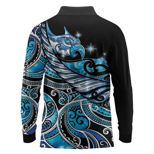 Maori Matariki - Manaia Long Sleeve Polo Shirt Galaxy Blue Paua Shell